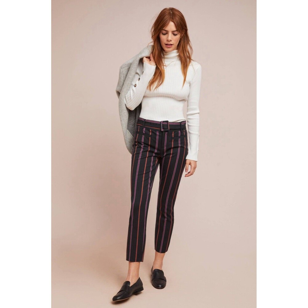 Anthropologie The Essential Slim Pants Womens 6 Black Striped Belted